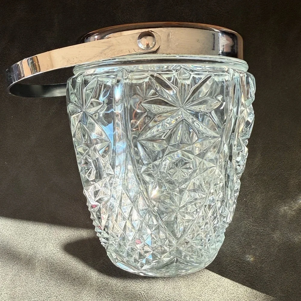 Small Vintage French Crystal Ice Bucket with Silver Handle